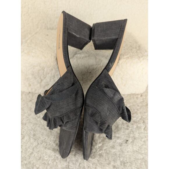 Ruffle Block Heel Denim Slide Sandals Sz 7.5 Lena Luisa - Picture 10 of 13